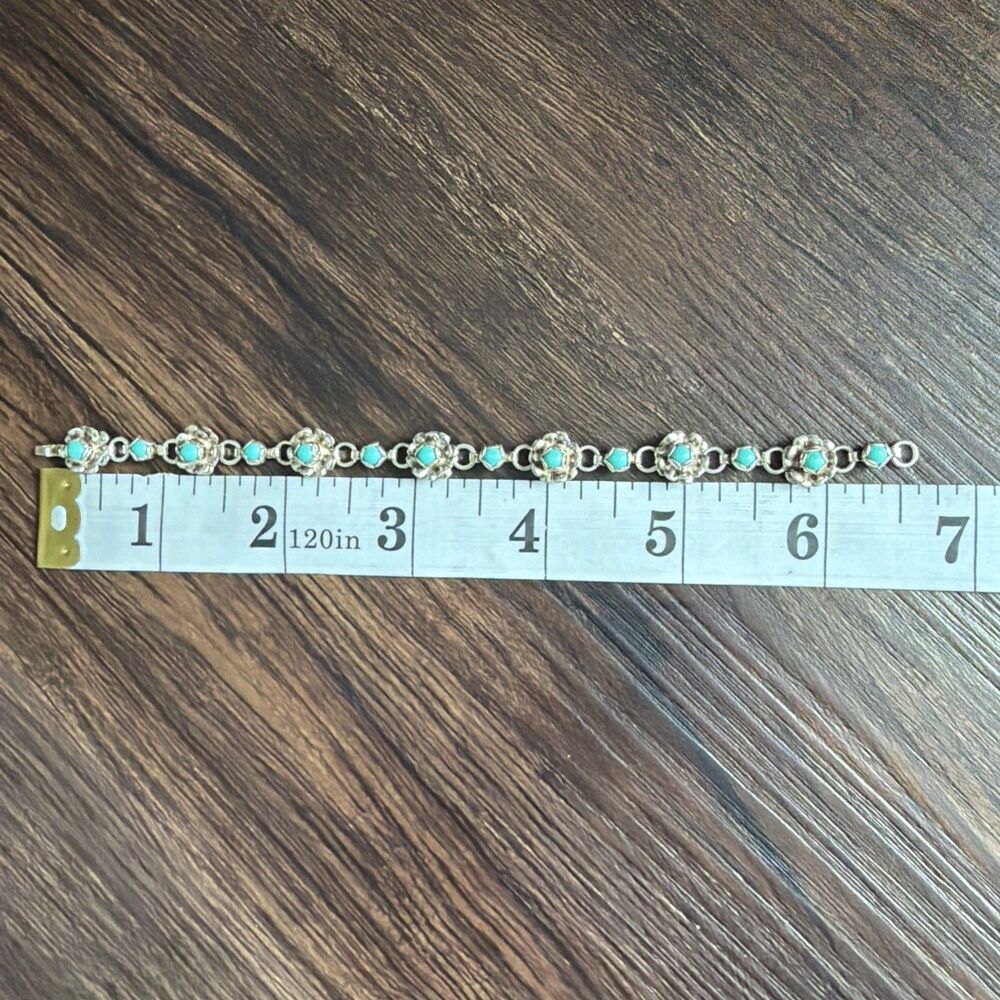 VINTAGE 50s TAXCO MEXICO STERLING SILVER TURQUOISE BLOSSOM FLOWER BRACELET 6.5” - Picture 15 of 16